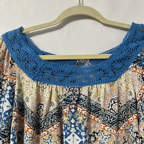 XHILARATION Blue Multi Pattern Peasant Lace Trim Dress with Bell Sleeves Size M - Picture 6 of 8
